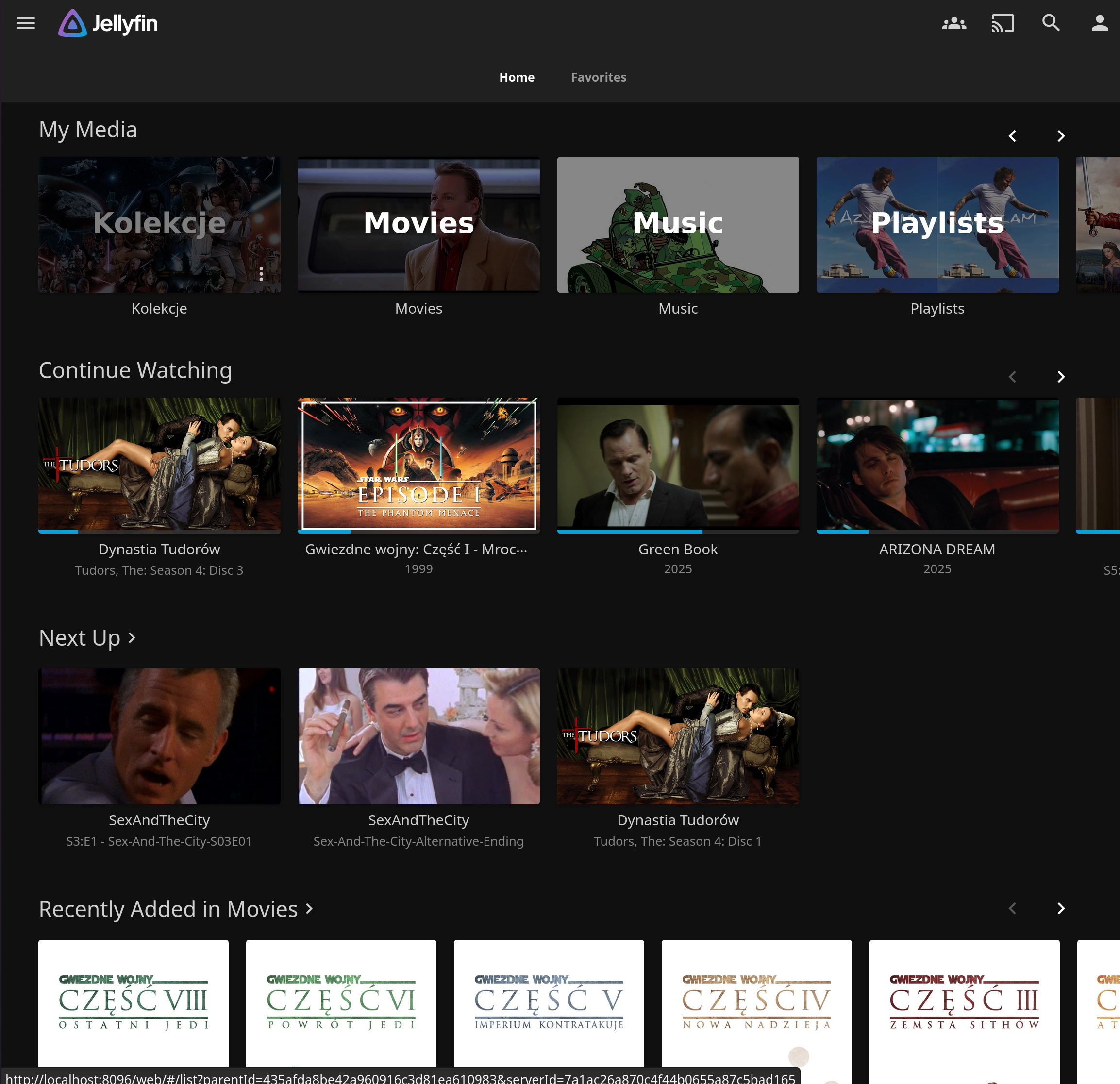 Screenshot of Jellyfin home page with movies like Green Book, Arizona Dream, Tudors, Star Wars collection